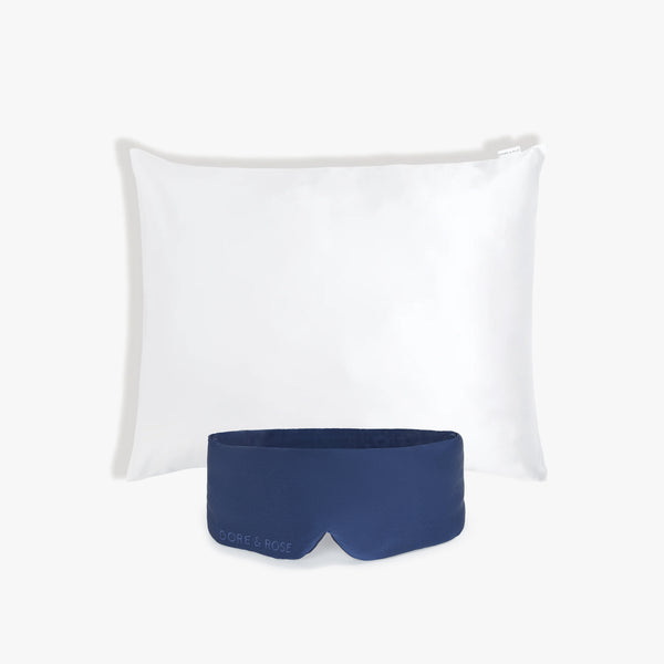 Blue Silk Sleeping Eye Mask and White Silk Pillowcase