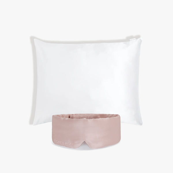 Pink Silk Sleeping Eye Mask and White Silk Pillowcase