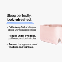 Half photo shot of Dore and Rose Luxury Soft Silk Sleeping Eye Mask in the color Light pink with its benefits listed beside it