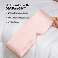 Dore and Rose Luxury Soft Silk Sleeping Eye Mask in the color light pink with its benefits listed beside it