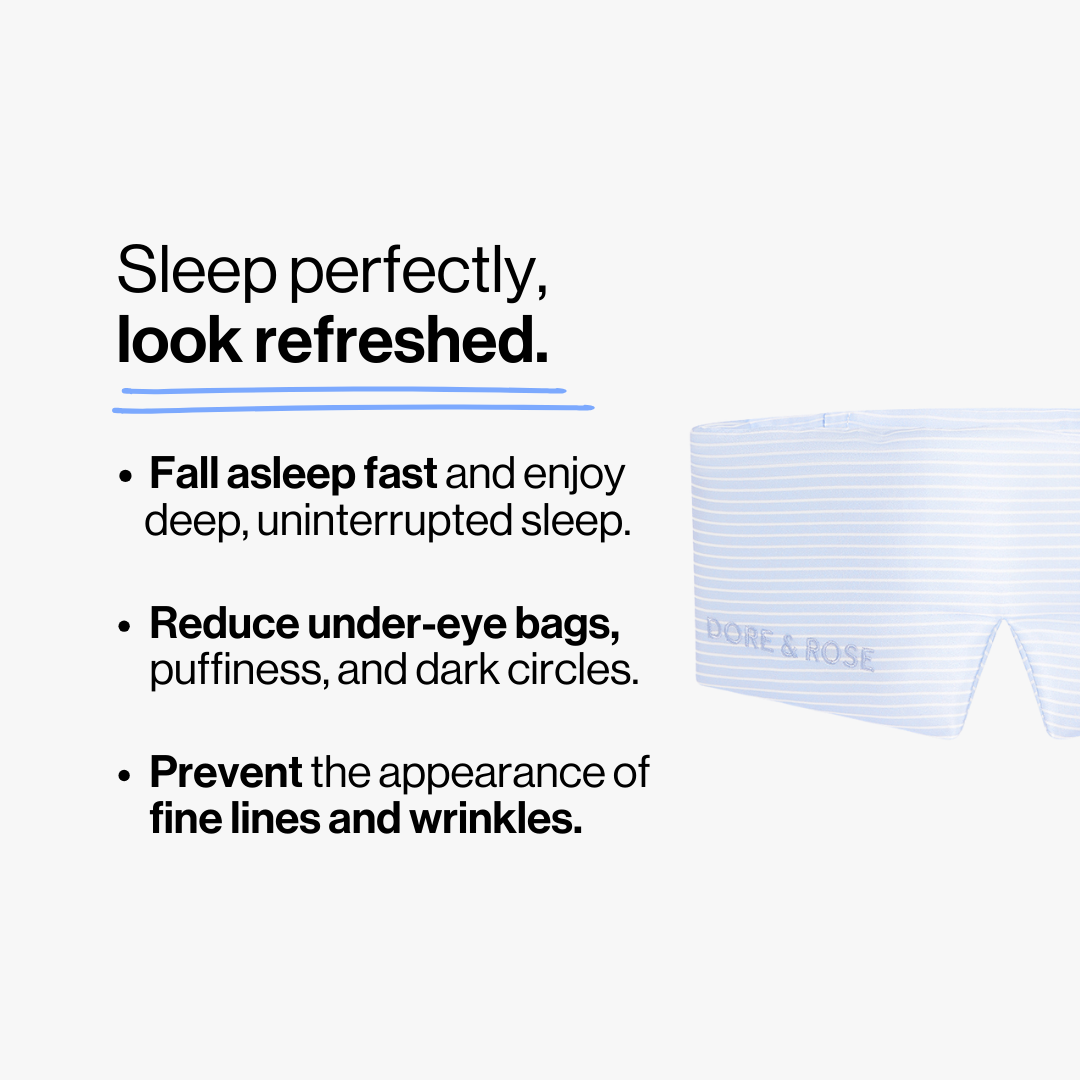 Half photo shot of Dore and Rose Luxury Soft Silk Sleeping Eye Mask in the color blue and white stripes with its benefits listed beside it