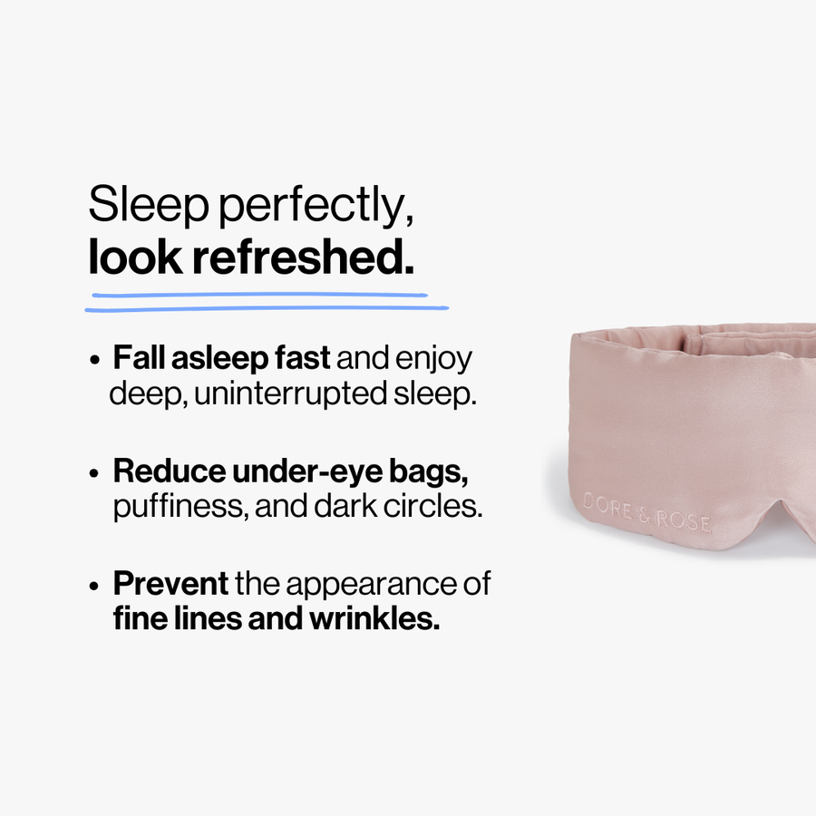 Half photo shot of Dore and Rose Luxury Soft Silk Sleeping Eye Mask in the color dark pink with its benefits listed beside it