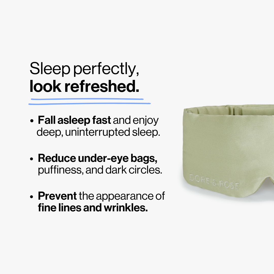 Half photo shot of Dore and Rose Luxury Soft Silk Sleeping Eye Mask in the color Light olive green with its benefits listed beside it