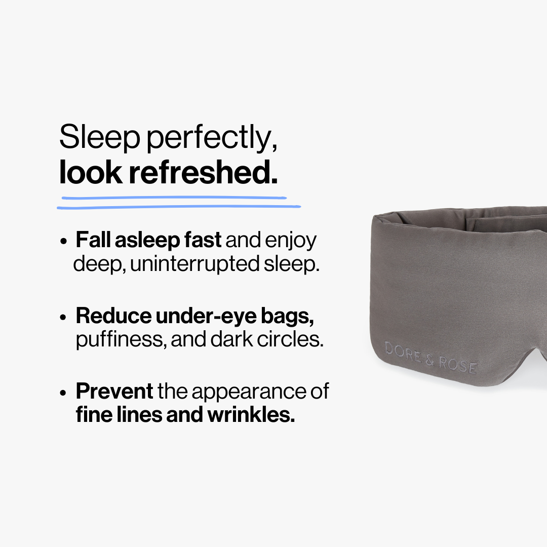 Half photo shot of Dore and Rose Luxury Soft Silk Sleeping Eye Mask in the color Light grey with its benefits listed beside it