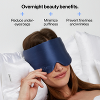 Woman wearing the Dore and Rose Luxury Soft Silk Sleeping Eye Mask in the color navy blue with its benefits written on the top part