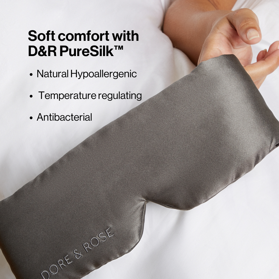 Dore and Rose Luxury Soft Silk Sleeping Eye Mask in the color grey with its benefits listed beside it