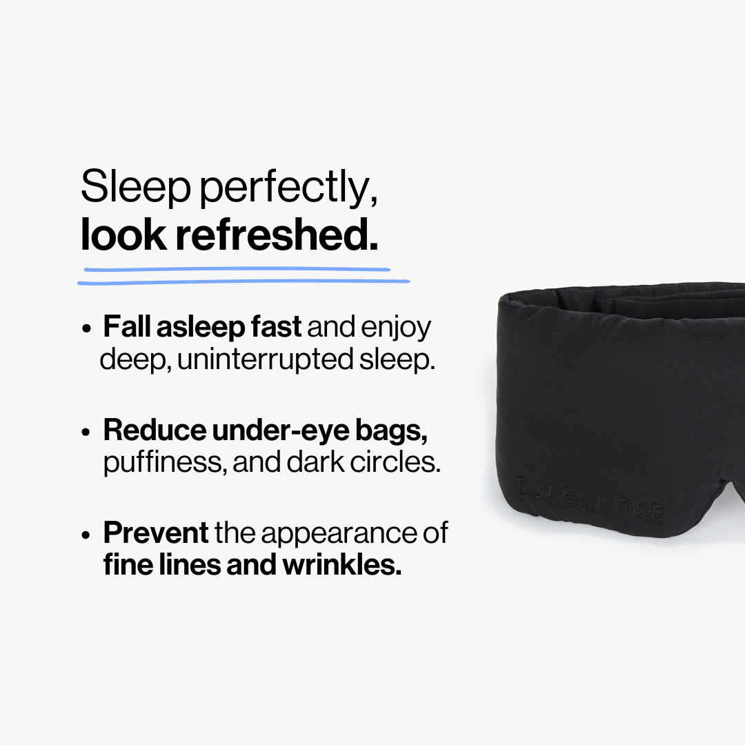 Half photo shot of Dore and Rose Luxury Soft Silk Sleeping Eye Mask in the color black with its benefits listed beside it