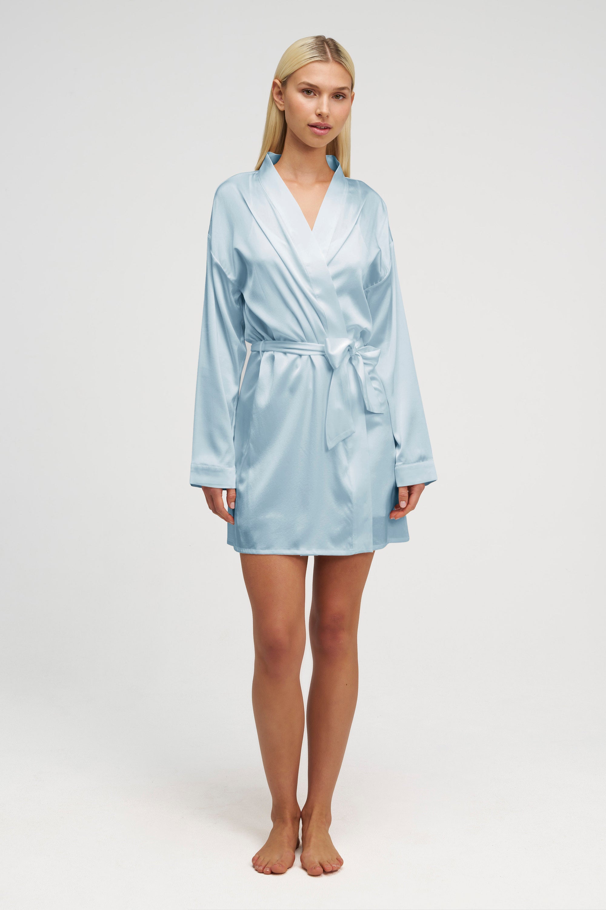 light blue silk dress short Shimma Blue Satin Mini Dress - US 16