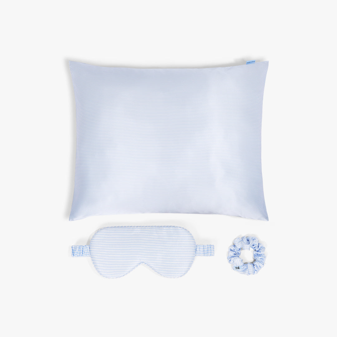 Skin Recovering™ Sleep Bundle with Pillowcase, Eye Mask and Scrunchie from Dore and Rose in the color Blue and White stripes