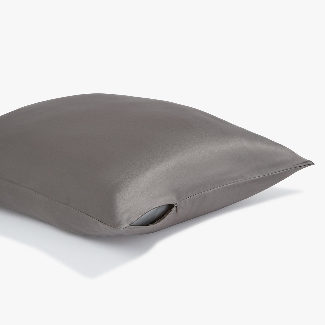 Side view of a gray pillowcase with zipper