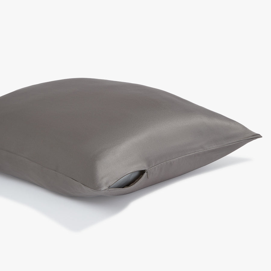 Side view of the Gray Silk pillowcase from Dore and Rose showing the zipper