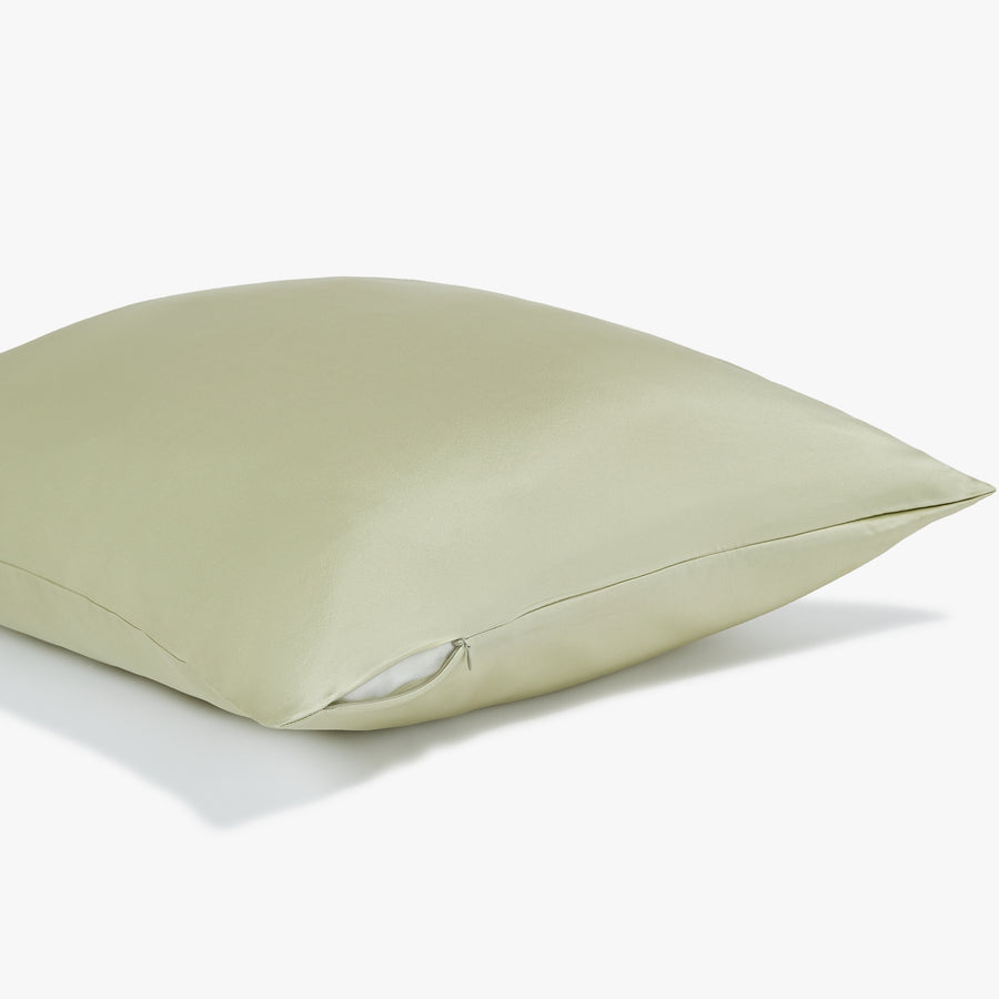 Side view of the Olive Green Silk pillowcase from Dore and Rose showing the zipper