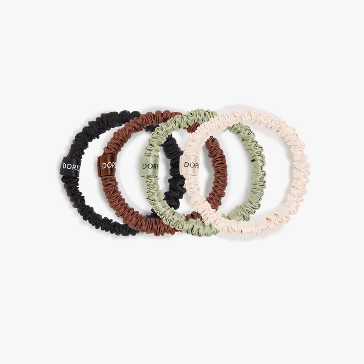 4 pieces of Silk Large Scrunchies in Assorted Colors in Black, Brown, Olive Green and Champagne Beige