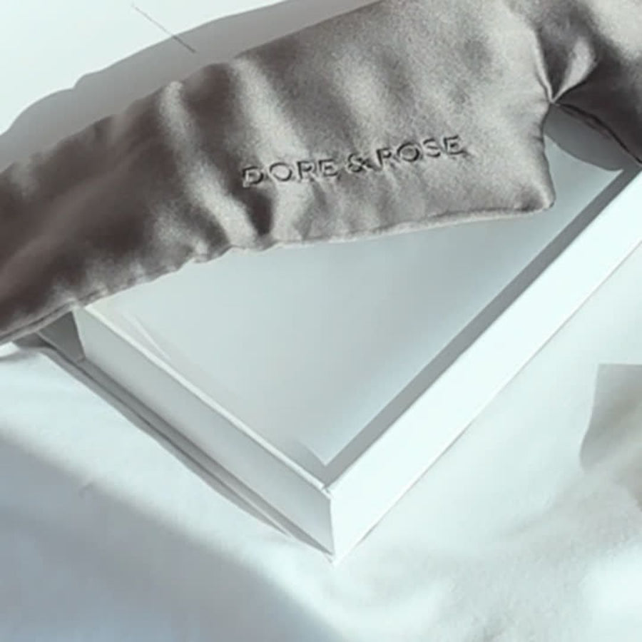 Unboxing video of the Dore and Rose Luxury Soft Silk Sleeping Eye Mask in the color Charcoal Gray