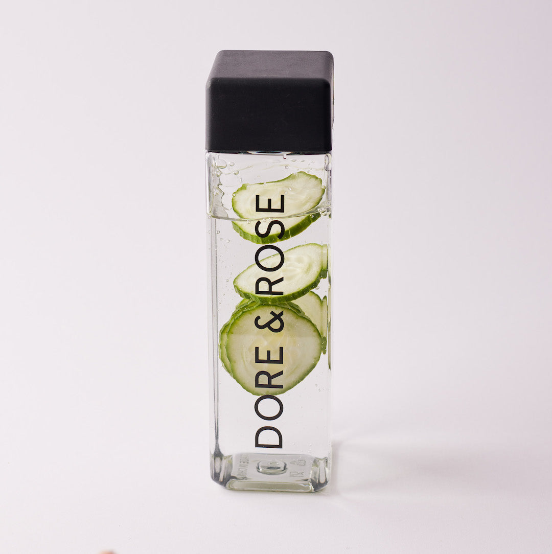 Chic Dore and Rose Square Water Bottle containing cucumber Water
